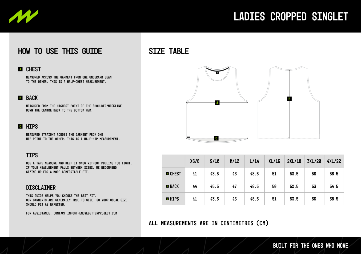 Ladies Cropped Basketball Singlet size chart
