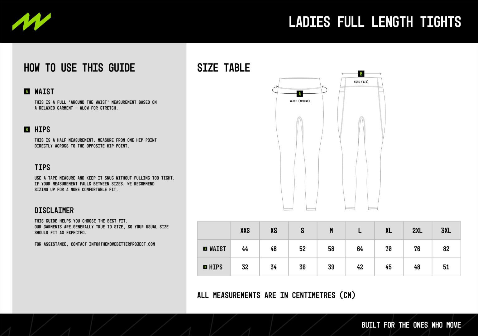 Ladies Full Length Leggings Size chart