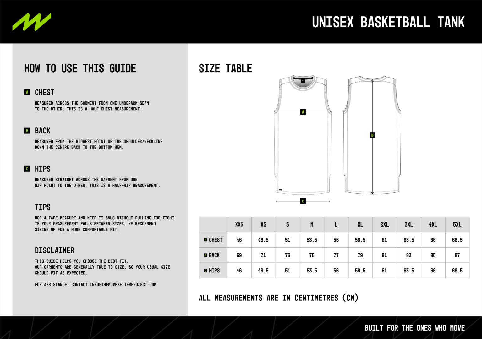Unisex Basketball Tank Size Chart