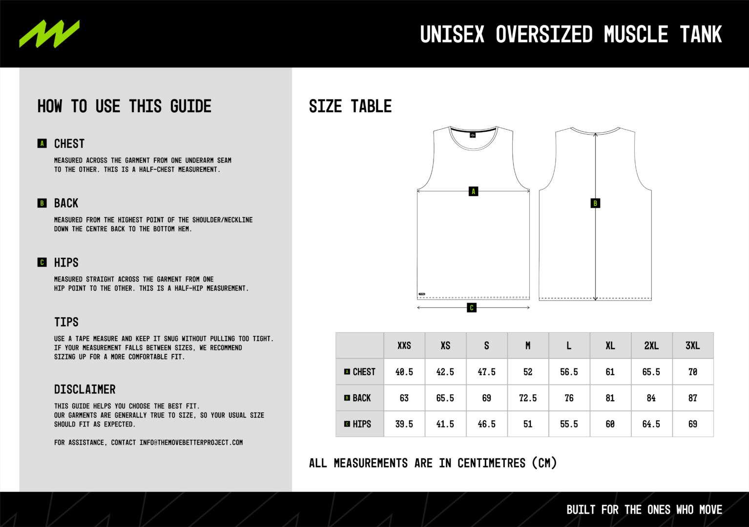 Unisex Oversized Muscle Tanks Size Chart