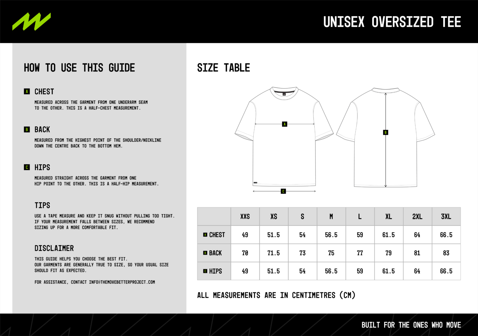 Unisex Oversized Tee Size Chart